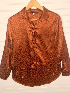 Eco Wish Copper-Brown Satin Leopard Jacquard Blouse
